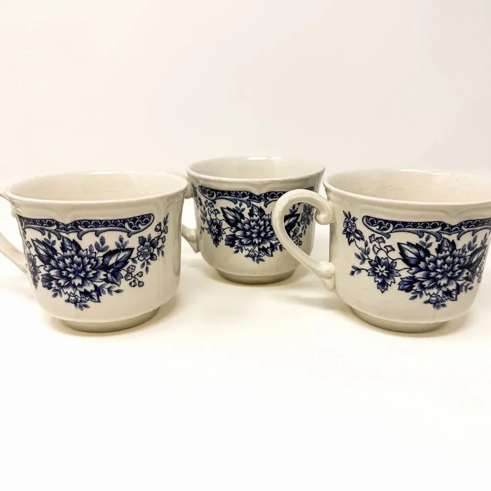 Blue Carnation Ironstone Cups & Saucers Set 3 Japan Blue White Vintage Floral